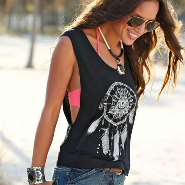 Sport Women Dream catcher Printed Sleeveless Tops Crop Tank Sport Running Vest #YL