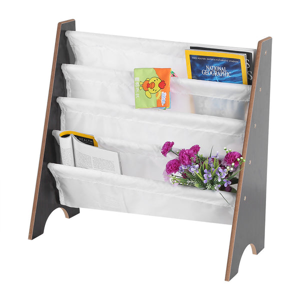 Children Book Rack,Kids Book Rack Storage Sling Bookshelf Furniture Wooden+Polyester Bookcase Book Storage Display Rack Bookshelf With 4 Pockets